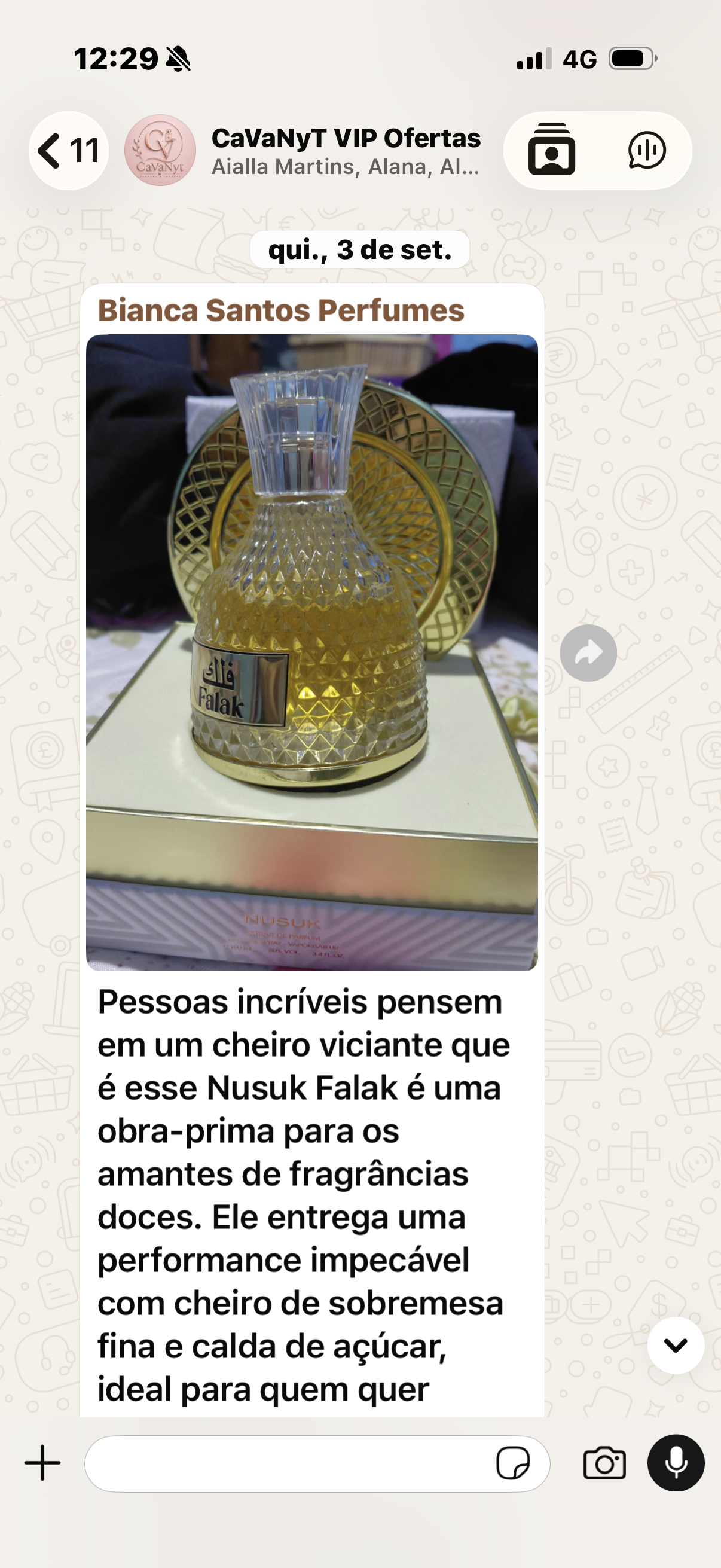 Primeira captura de um relato sobre o perfume Nusuk Falak no grupo VIP da Cavanyt